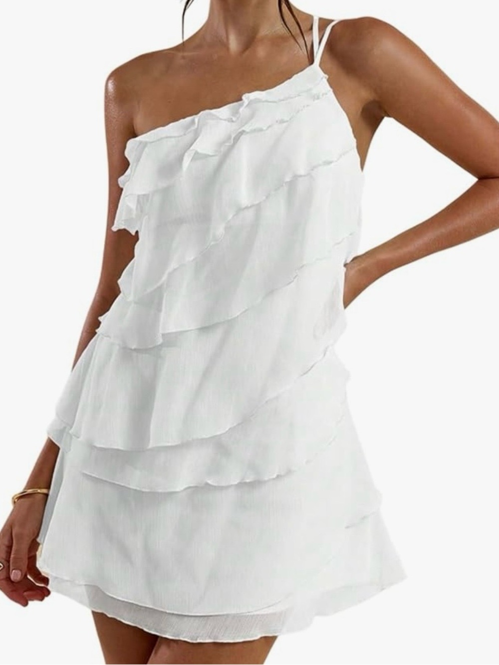 White One-Shoulder Ruffle Mini Dress